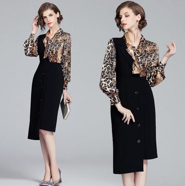 

european and american new leopard print stitching irregular hem skirt, Black;gray