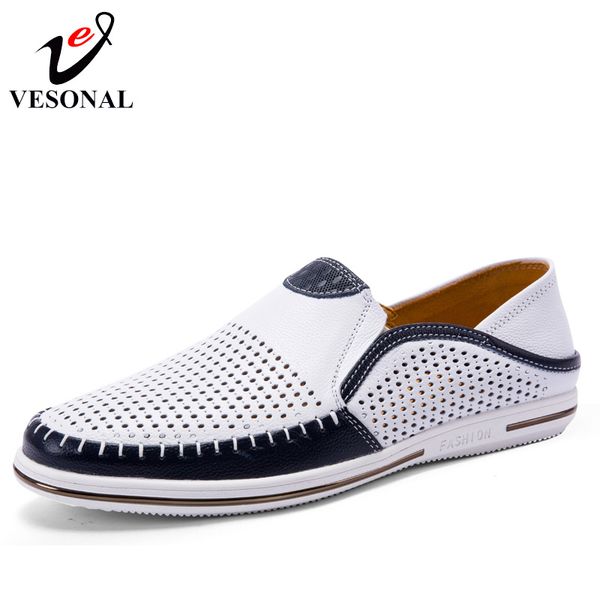 

vesonal summer hollow out breathable genuine leather casual male shoes for men loafers slip on sneakers driving moccasins, Black