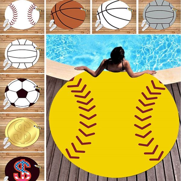 

150cm baseball softball football round beach towel silk beach picnic blanket sport yoga mat beach cover wrap 9 style hh7-1003