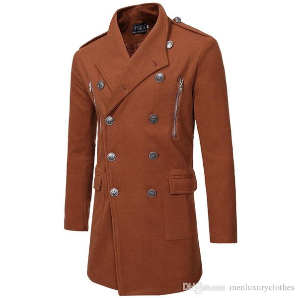 

mens designer double breasted wool blend trench long lapel neck pockets zipper design coat, Black