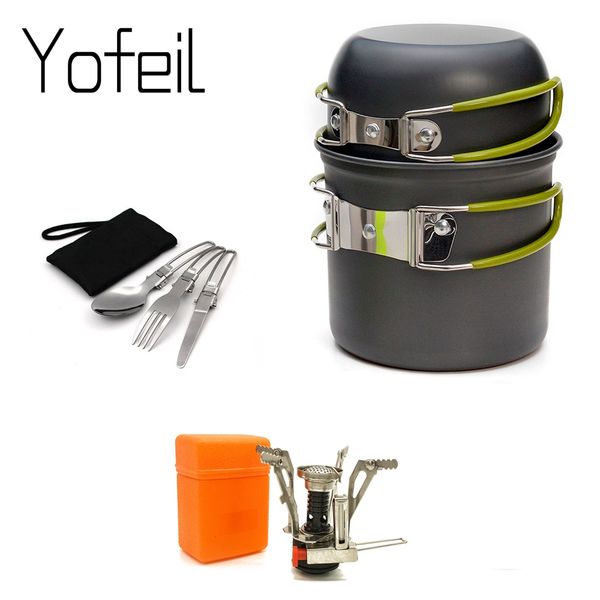 

outdoor pot mini gas stove sets camping hiking cookware picnic cooking set non-stick bowls with foldable spoon fork knife