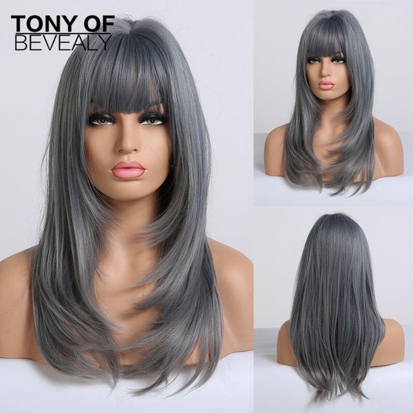 

long wavy ombre blue wigs heat resistant synthetic wigs with bangs for african american women coaplay natural hair, Black
