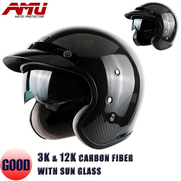 

аму black carbon fiber открытое лицо 3/4 мотоциклы motorcross шлет casco, джет урожай ретро шлет, внутренний козырек, a6