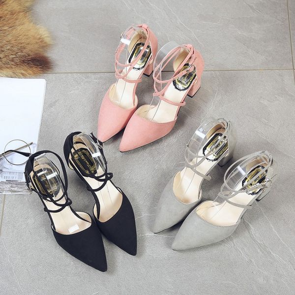 

2017 spring new style pointed-toe cross straps high heel shoes chunky-heel suede low-cut-black thin shoes work