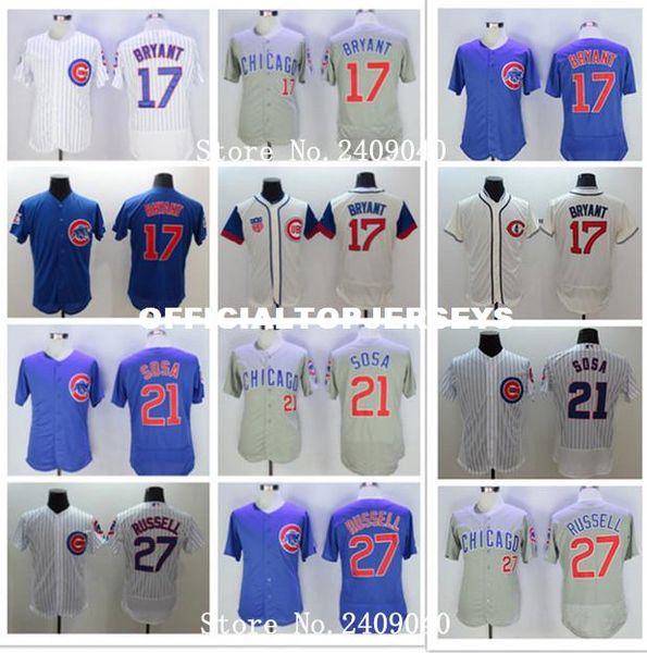 

sale mens 17 kris bryant 21 sammy sosa 27 addison russell jerseys color white blue gray green yellow, Black;blue