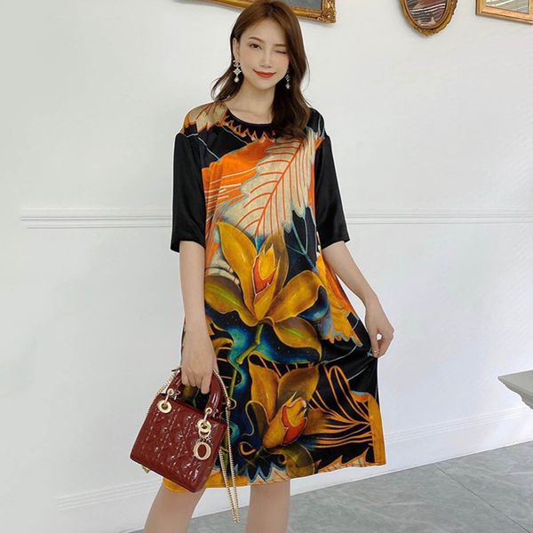 

womens designer dress loose positioning printing long silk skirtrbyz, Black;gray