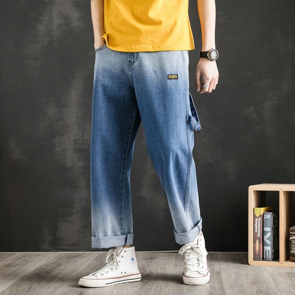 

men's jeans spring/summer 2021 gradient 9-point straight barrel loose casual pants wide leg tide, Blue