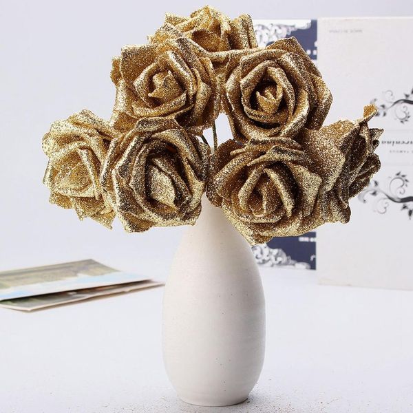 

7pcs foam glitter artificial rose decor, gold