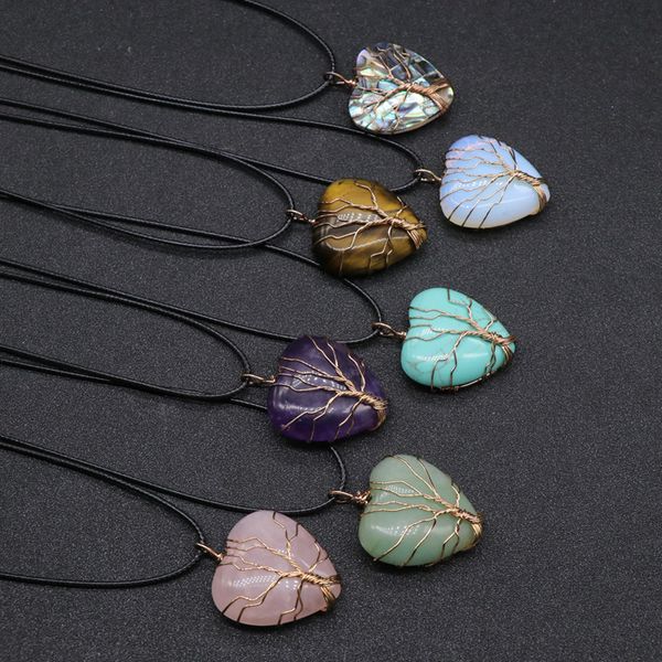

handmade wire wrap tree natural stone pendant necklaces real amethysts rose opal quartz abalone shell heart necklaces suspension, Silver