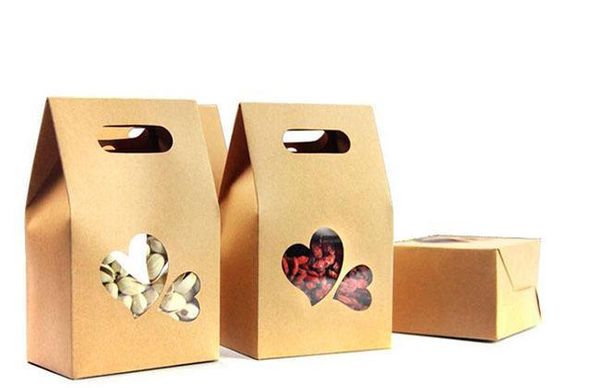 

10*15.5 *6cm bottom heart shape clear window doypack pouch food coffee stand up bags kraft paper pack box with handle