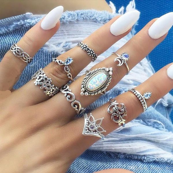 

boho midi knuckle finger rings sets for women beach opal crystal crescent ancient silver geometric rings bohemian fashion jewelry in bulk, Golden;silver