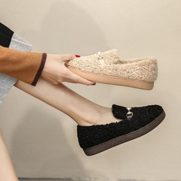 

women winter shoes fashion furry shoes flat shoe casual loafers ladies plus size 40 41 beige black flats slip on