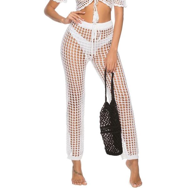 

crochet knitted wide leg clubwear beach adjustable belt women pants bikini cover up high waist long trousers summer loose, White;black