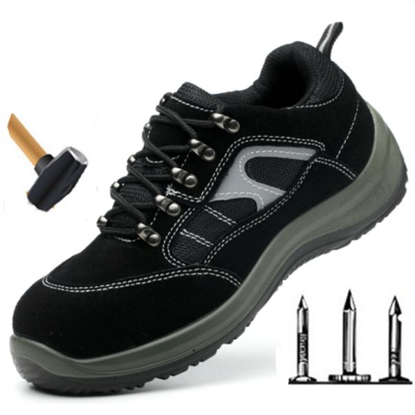 

genuine leather wear-resistant steel toe cap men work safety shoes construction protective boots men breathable sneakers, Black