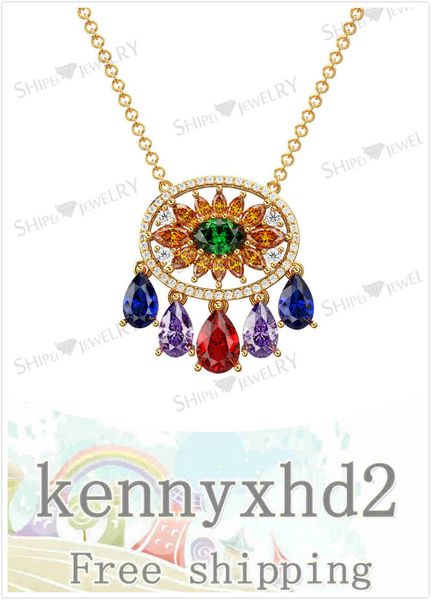 

new korean luxury retro palace pendant color gem necklace, Silver