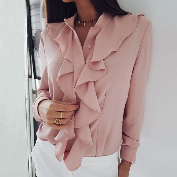

fanbety women v-neck ruffles blouse shirt elegant office lady solid chiffon blouses summer long sleeve blusa s-xxl, White