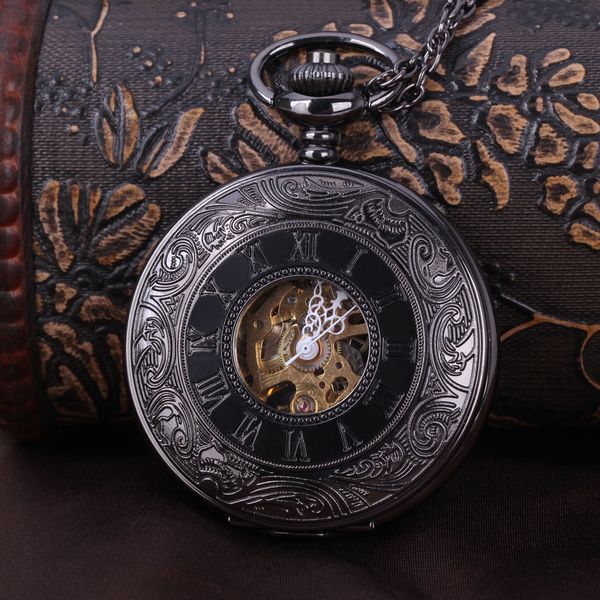 

men perspective hollow mechanical black watches mechanical roman pocket watch, Slivery;golden