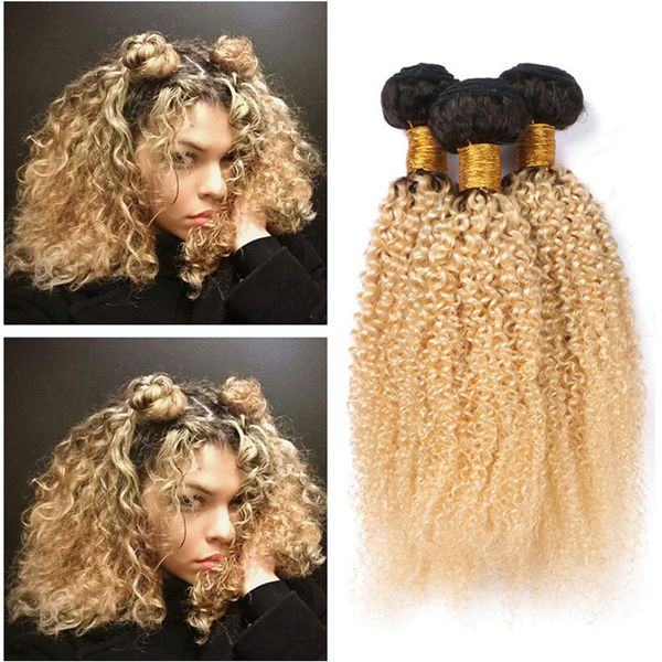 Cabelo Humano loiro Tece Extensões de Cabelo Encaracolado Kinky Raízes Escuras 1b 613 Loira Ombre Cabelo Virgem Bundle Extensões 3 Pçs / lote