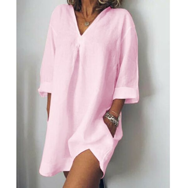 

2019 women loose dresses cotton solid colors linen casual blouse v neck long sleeve dress shirts cover-ups, Blue;gray
