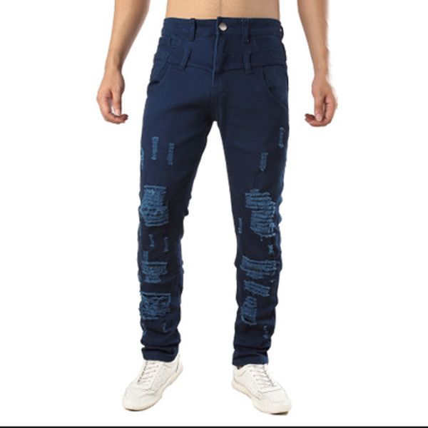 

new men's fashion ripped casual jeans false double trouser head personality men's casual trousers style sapphire blue