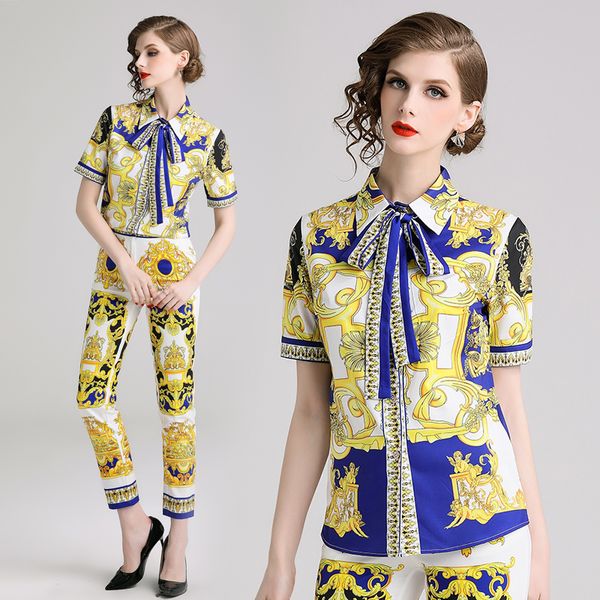

new fashion temperament lapel bowknot shirts with short sleeves nine points feet pants baroque printed suit, White