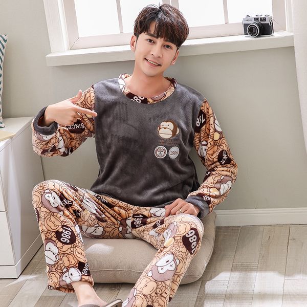 

men's pajamas set autumn winter warm flannel male pajamas sets long sleeve sleepwear +pant leisure pyjamas casual homewear, Black;brown