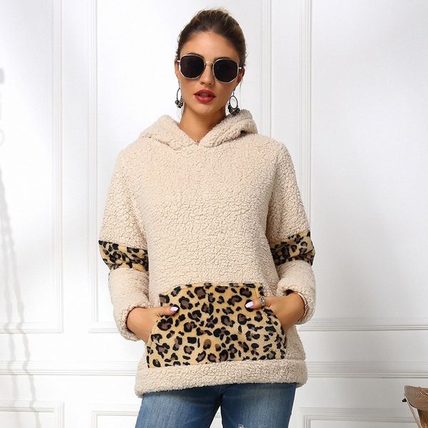 

double fleece leopard sweatshirt ladies stitching hoodies long sleeve autumn winter harajuku warm pullover hoodie jogging femme, Black