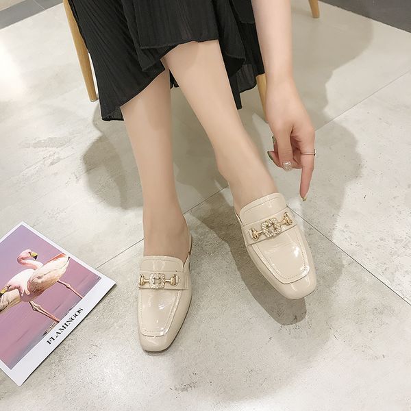 

fashion rhinestone chain patent leather high heel slippers women mules summer shoes women chunky heel sandals 2020, Black