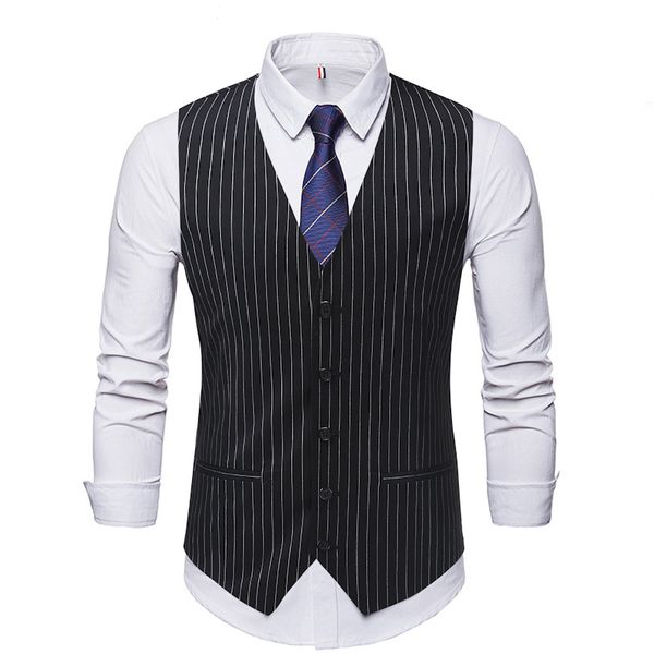 

2019 gentleman man's suit single breasted classic vertical stripe vest business clothes jacket man leisure groomsman vest, Black;white