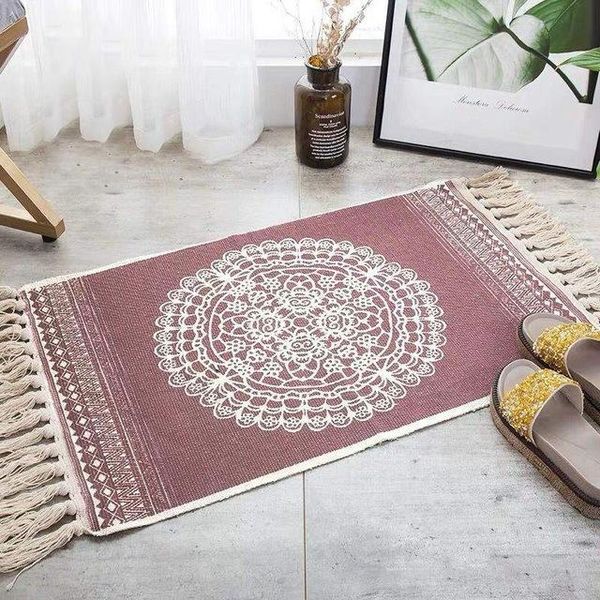New Retro Bohemian Hand Woven Cotton Linen Carpet Rug Bedside Rug