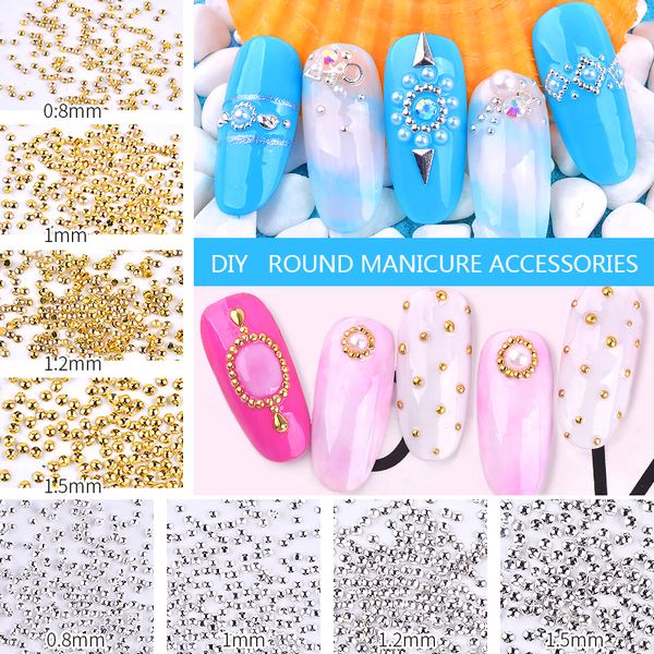 

1 pack gold/silver mini caviar beads 0.8mm/1mm/1.2mm/1.5mm half round metal nail studs 3d tiny rivets charm nail art decorations, Silver;gold