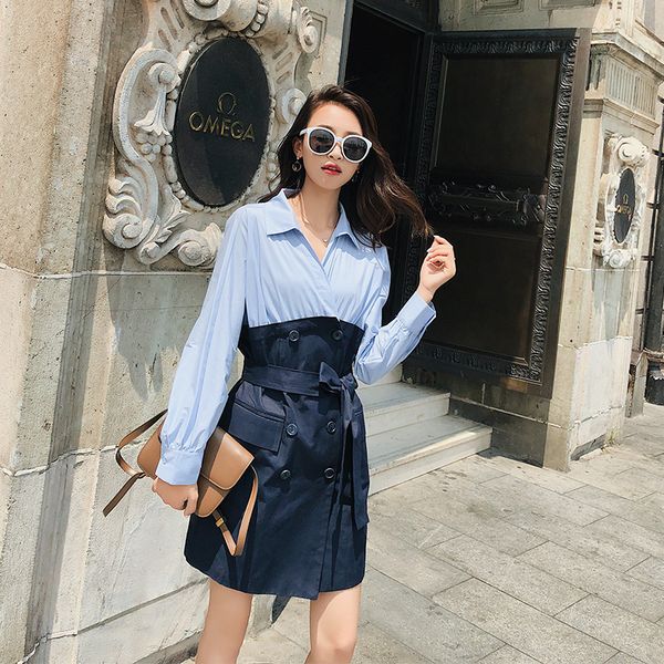 

ewq] 2019 spring autumn new lapel long sleeve hit colors patchwork lace up double breasted vintage windbreaker women ah03205l, Tan;black