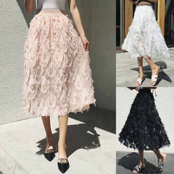 

spring autumn women fashion feather tassel pleated skirts elastic high waisted women midi party skirt saias faldas jupe femmle, Black