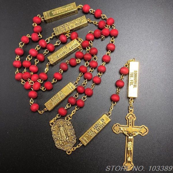 

6*7mm red maple wood bead rosary, scented religious necklace, with fatima and the five mysteries connector, Silver