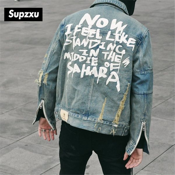 

graffiti jeans jacket fashion trend men's jacket denim men's printed letters clothing ripped clothes cotton jeans, Black;brown