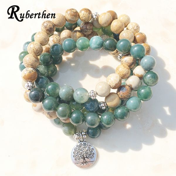 

ruberthen fashion design women`s yoga mala bracelet picture moss natural stone necklace tree of life charm wrap bracelet, Golden;silver