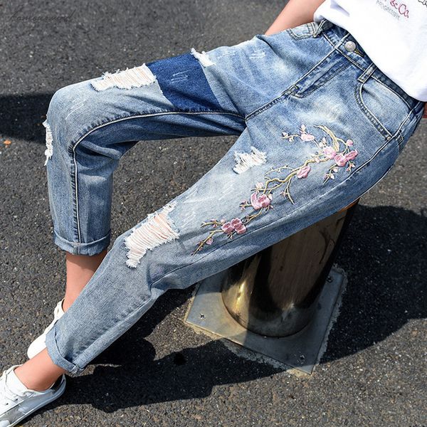 

women fashion destroyed jeans 2019 modern summer hole ripped high waist denim pants boyfriend ankle length pant plus size g3p7, Blue