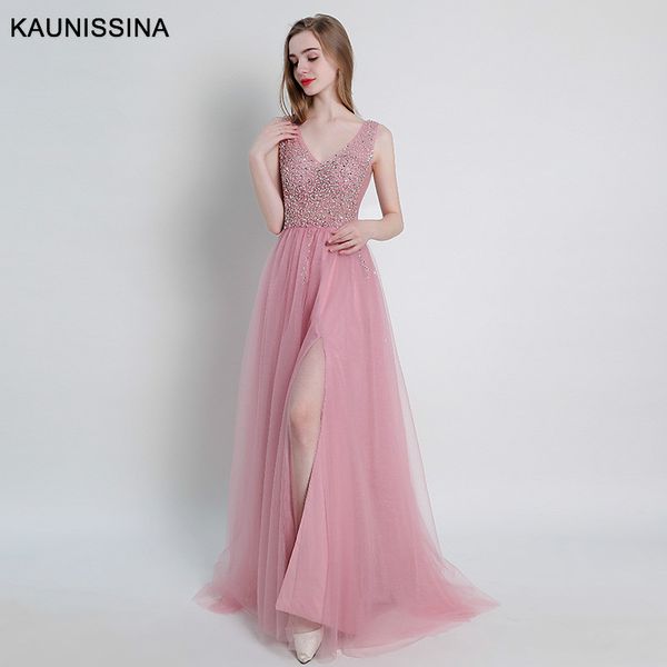 

kaunissina evening gown crystal beading split tulle prom dress floor length evening dress party vestido 9 colors 15 sizes, White;black