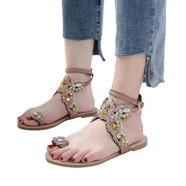 

women roman national bohemian beach walk shoes pinch rhinestone flat sandals, Black