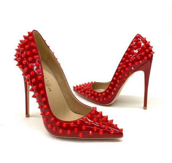 

plus size 33 to 46 red studded high heels pointed rivet pumps 12cm 8cm 10cm womens dress party shoes, Black