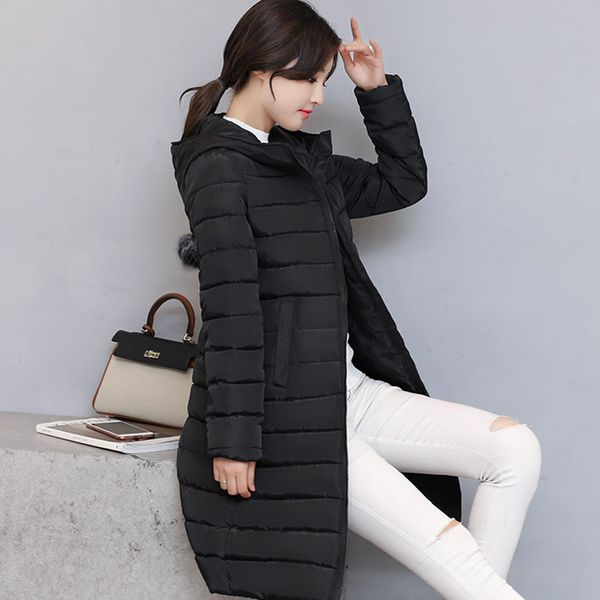 

winter women jacket coat thicken warmer hooded down cotton jacket high-end medium long ms. clothing outerwear, Black