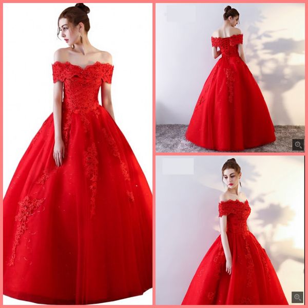 

robe de soiree 2019 red lace appliques ball gown wedding dress off the shoulder princess beaded elegant wedding gowns selling, White