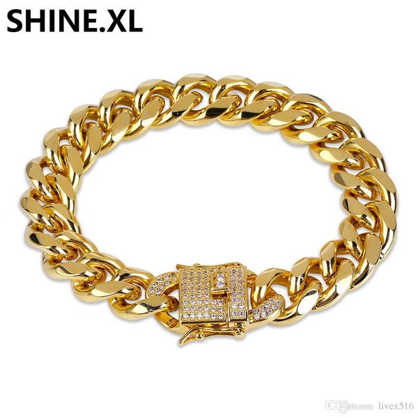 

18k real gold color plated miami cuban bracelet hip hop iced out cubic zircon 8inch link bracelets men jewelry, Black