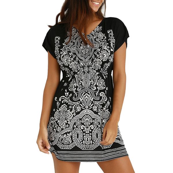 

2018 dress female new fashion womens casual ethnic printed v-neck short sleeve summer mini dress vestidos robe, Black;gray