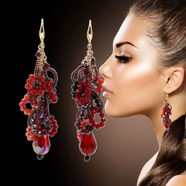 

trendy handmade beaded crystal chain tassel long earrings women red blue green pink black girlfriend gift party charms jewelry, Golden