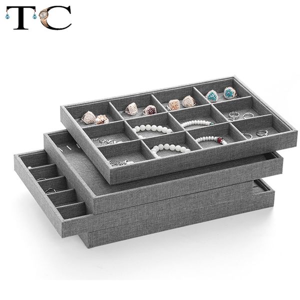 2019 Fashion Gray Linen Jewelry Tray Organizer Ring Earring Case