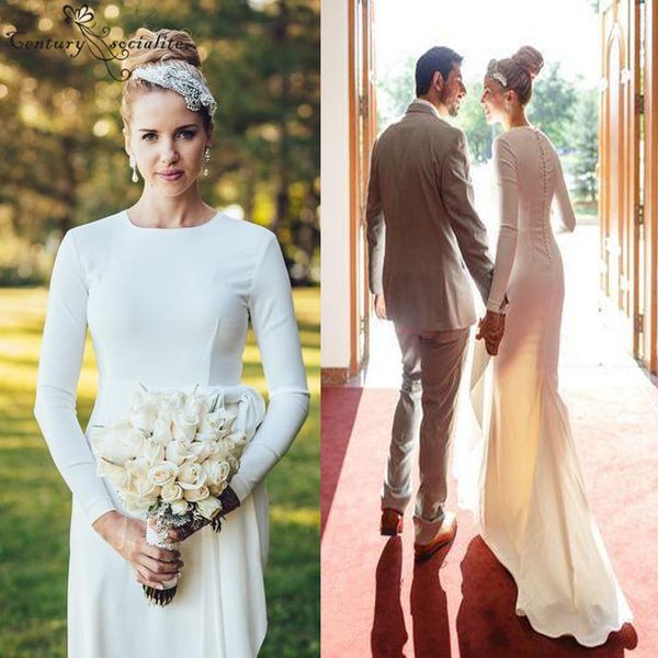 

2019 spring simple wedding dresses long sleeves button back soft satin floor length country bridal gowns robe de mariee, White