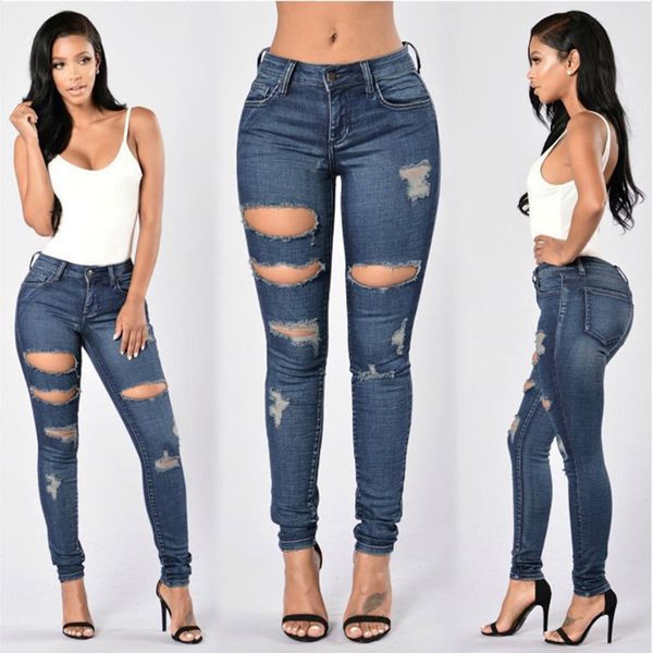 

2018 super deal women fashion jeans women mid waist skinny pencil denim pants ripped hole washed cotton jeans woman s-3xl, Blue