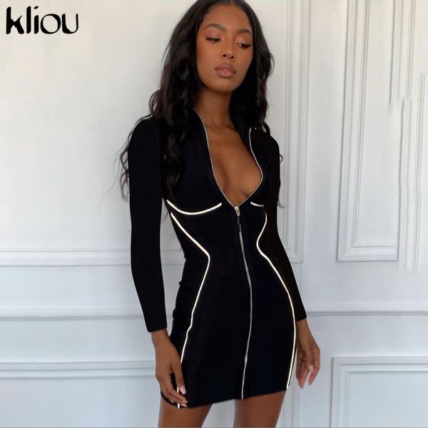 

kliou women dress turtleneck full sleeve long dresses zipper cardigan fashion reflective striped patchwork ladies skinny cl, Black;gray