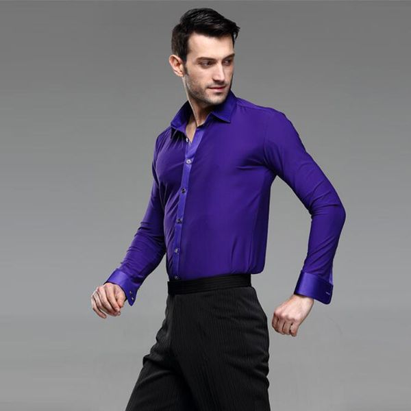 

man ballroom dance long sleeve mens latin dance shirts lapel/collar practice/performance wear, Black;red